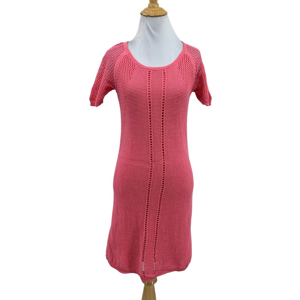 Trina Turk Sweater Dress Womens S Small Melon Open Knit Short Sleeve Lined Mini